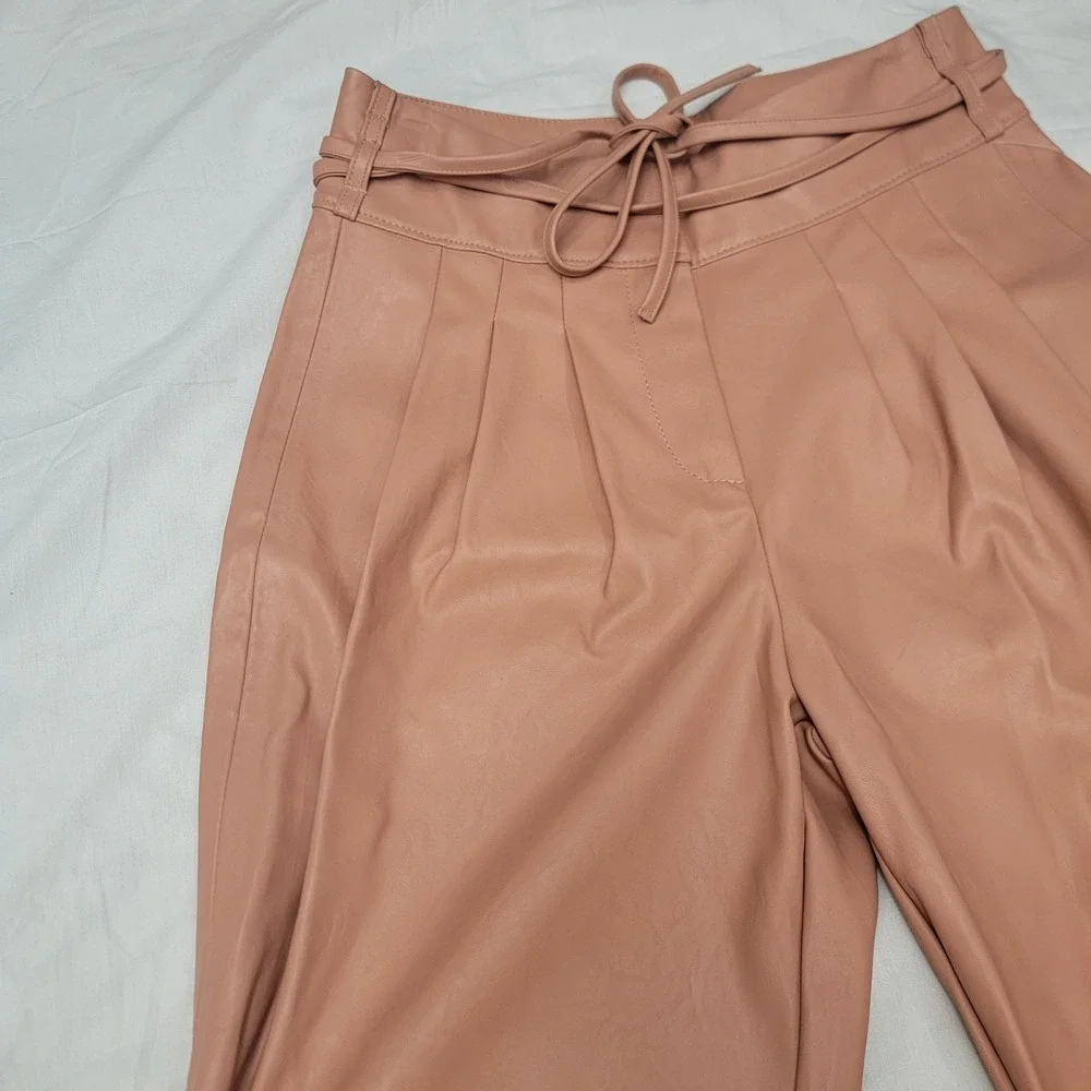 Blank NYC Anthropologie Vegan Leather Tie Waist Pleated Pants Pink Clay Size 28